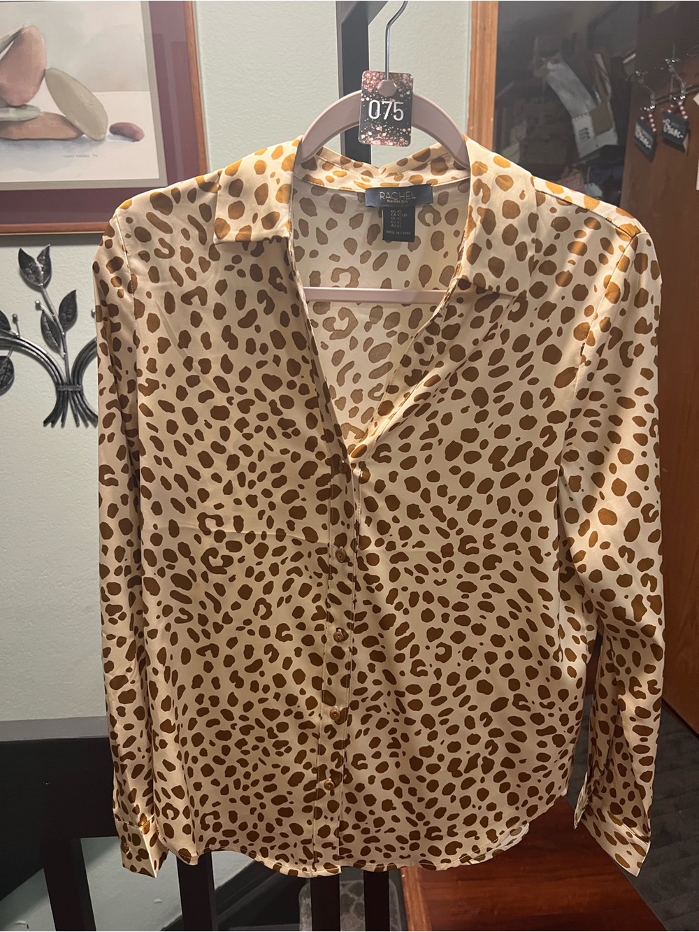 NWOT Rachel Satin Leopard Print Button-Down Shirt in Tan and Brown Size XS #075